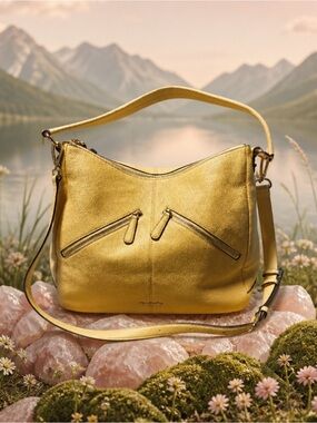 Vera Bradley Yellow Leather Shoulder Bag with Front Zip Pockets